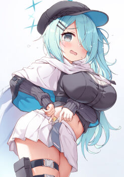 1girl aqua_eyes aqua_hair black_hat black_shirt blue_archive blue_halo blush breasts cape commentary_request embarrassed ezoshika hair_ornament hair_over_one_eye hairclip halo hat hiyori_(blue_archive) holster large_breasts long_hair looking_at_viewer miniskirt navel open_mouth panties shirt simple_background skirt solo standing thigh_holster thighs twisted_torso underwear wavy_mouth white_background white_cape white_skirt yellow_panties