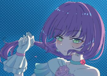 1girl 4th_live_dream_~bloom_the_dream_believers~ be_proud_(love_live!) blue_background blush closed_mouth commentary_request dress earrings flower_earrings frilled_dress frilled_gloves frills gloves highres jewelry link!_like!_love_live! love_live! official_alternate_costume otomune_kozue purple_hair sanya_(sanya_ikuyo) single-shoulder_dress single_bare_shoulder solo untying_hair virtual_youtuber white_gloves yume_wazurai