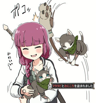 1girl ^_^ animal black_jacket black_nails blunt_bangs blush bocchi_the_rock! bow braid cat closed_eyes collarbone crossover fang fingernails furrowed_brow green_bow hair_bow hair_over_shoulder hiroi_kikuri hitting holding holding_animal holding_cat jacket jumping long_hair long_sleeves low-braided_long_hair low-tied_long_hair melynx monster_hunter_(series) motion_lines multicolored_jacket nail_polish no_nose open_clothes open_jacket open_mouth pink_hair simple_background smile torako_(toramaru) translation_request two-tone_jacket white_background white_jacket
