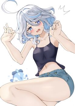 1girl ^^^ ahoge alternate_costume bare_arms bare_legs bare_shoulders black_camisole blue_bow blue_eyes blue_hair blue_shorts bluesky_username blush bow breasts camisole casual collarbone colored_inner_hair commentary crop_top curled_fingers d: denim denim_shorts drop-shaped_pupils embarrassed feet_out_of_frame fingernails fish furina_(genshin_impact) furrowed_brow genshin_impact hair_between_eyes hands_up heterochromia highres huge_ahoge knee_up looking_at_viewer midriff midriff_peek mismatched_pupils multicolored_hair navel open_mouth peanut_mouth seahorse short_hair short_shorts shorts simple_background small_breasts spaghetti_strap streaked_hair surintendante_chevalmarin sweatdrop symbol-shaped_pupils thighs two-tone_hair wavy_hair white_background white_hair yamano_rokamizu