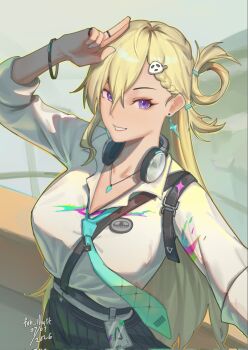 1girl aqua_necktie black_skirt blonde_hair braid braided_bangs breasts commentary earrings english_commentary evve_(fok_illust) hair_between_eyes hair_ornament hand_up headphones headphones_around_neck highres id_card jewelry long_hair looking_at_viewer lynae_(wuthering_waves) necktie outdoors phone purple_eyes salute shirt shirt_tucked_in skirt skull_hair_ornament smile solo star_(symbol) star_earrings two-finger_salute very_long_hair white_shirt wuthering_waves