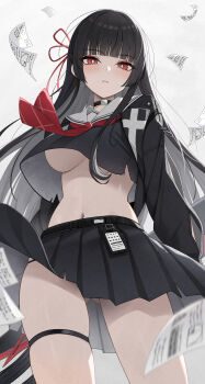 1girl absurdres black_choker black_hair black_jacket black_serafuku black_shirt black_skirt blunt_bangs blush breasts bright_pupils chisa_(wuthering_waves) choker closed_mouth commentary_request crop_top gluteal_fold hair_ribbon highres jacket keikei_(kitty_colors) long_hair looking_at_viewer medium_breasts mole mole_under_eye navel neckerchief no_bra paper red_eyes red_neckerchief red_ribbon ribbon sailor_collar school_uniform serafuku shirt skirt solo stomach thigh_strap thighs underboob very_long_hair white_pupils white_sailor_collar wind wuthering_waves