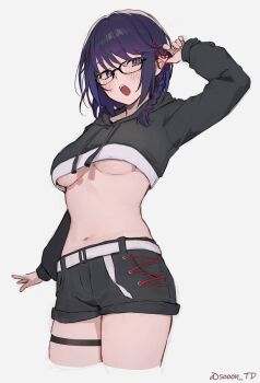 1girl absurdres arm_up belt black-framed_eyewear black_hoodie black_shorts braid breasts commission crop_top crop_top_overhang cropped_hoodie cropped_legs drawstring glasses hair_ribbon highres hood hood_down hoodie long_hair long_sleeves looking_at_viewer medium_breasts midriff navel noa_(mikeyymc) open_mouth original pointy_ears purple_eyes purple_hair ribbon short_shorts shorts simple_background skeb_commission skindentation solo sooon stomach thigh_strap thighs underboob white_background