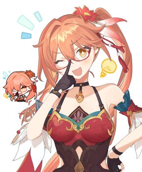Rule 34 | 1girl, bare shoulders, black choker, black gloves, blush, breasts, choker, commentary request, dress, fingerless gloves, glasses, gloves, guinaifen (honkai: star rail), hair between eyes, hair ornament, highres, honkai: star rail, honkai (series), long hair, looking at viewer, nekoninenbutu, one eye closed, open mouth, orange eyes, orange hair, red-framed eyewear, red dress, reference inset, semi-rimless eyewear, side ponytail, simple background, single fingerless glove, smile, under-rim eyewear, upper body, white background