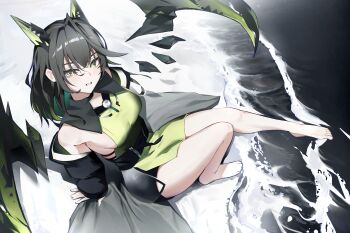 1girl absurdres ahoge arknights bare_shoulders barefoot belt black_belt black_hair black_jacket breasts colored_inner_hair commentary green_eyes green_hair hair_between_eyes highres huge_ahoge jacket jambaeng large_breasts legs light_blush long_hair long_sleeves looking_at_viewer mon3tr_(arknights) multicolored_hair off_shoulder parted_lips sideboob sitting sleeveless soaking_feet solo thighs water