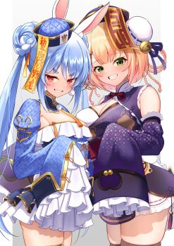 Rule 34 | 2girls, absurdres, animal ears, bell, blonde hair, blue dress, blue hair, blue hat, blush, braid, braided hair rings, breasts, brown thighhighs, bun cover, carrot print, chinese clothes, cleavage, cleavage cutout, clothing cutout, cowboy shot, detached sleeves, double bun, dress, earrings, food print, frilled sleeves, frills, gradient hair, green eyes, grin, hair bun, hair rings, hat, highres, hololive, jewelry, jiangshi, jiangshi costume, large breasts, long hair, long sleeves, looking at viewer, marishia holo, medium breasts, momosuzu nene, momosuzu nene (jiangshi), multicolored hair, multiple girls, official alternate costume, official alternate hairstyle, ofuda, ofuda on head, pink hair, pom pom (clothes), pom pom earrings, purple dress, purple hat, qingdai guanmao, quad hair rings, rabbit ears, red eyes, short eyebrows, short hair, side-by-side, sleeves past fingers, sleeves past wrists, smile, thick eyebrows, thighhighs, usada pekora, usada pekora (jiangshi), virtual youtuber