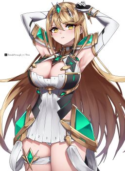 1girl armpits arms_up artist_name blonde_hair breasts cleavage cleavage_cutout clothing_cutout commentary_request core_crystal_(xenoblade) hair_between_eyes highres large_breasts light_blush long_hair mythra_(xenoblade) riro_(breakthrough_rr) simple_background solo standing tiara twitter_username very_long_hair white_background xenoblade_chronicles_(series) xenoblade_chronicles_2 yellow_eyes