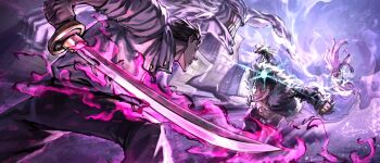1girl 2boys abs belt belt_buckle black_hair black_jacket black_shoes blue_eyes blue_pants buckle canon_event clenched_hand clenched_teeth commentary cursed_energy_(jujutsu_kaisen) earrings english_commentary fighting fur-trimmed_jacket fur_trim highres holding holding_sword holding_weapon ishigori_ryu jacket jewelry jujutsu_kaisen katana long_hair multiple_boys okkotsu_yuta open_clothes open_jacket orimoto_rika pants pink_hair pompadour powering_up red_belt running shoes short_hair spoilers sumollama1 sword teeth uro_takako weapon white_jacket