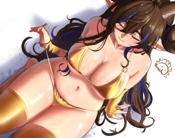 1girl animal_ears artist_name bikini bikini_pull blue_hair breasts bridal_gauntlets brown_hair cleavage closed_eyes clothes_pull curled_horns elbow_gloves from_above galleon_(granblue_fantasy) gloves gold_bikini gold_gloves gold_thighhighs granblue_fantasy highres horns large_breasts long_hair multicolored_hair navel o-ring o-ring_bikini pointy_ears side-tie_bikini_bottom sitting smile solo streaked_hair swimsuit tacochu thighhighs untied_bikini_bottom white_background wide_hips