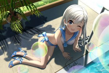 1girl absurdres bikini blue_eyes blue_neckerchief blue_sailor_collar braid braided_bangs grey_hair highres hisakawa_hayate idolmaster idolmaster_cinderella_girls long_hair looking_at_viewer lying neckerchief on_side one_eye_closed plant poolside potted_plant sailor_bikini sailor_collar sailor_swimsuit_(idolmaster) side-tie_bikini_bottom solo swimsuit tokei_kujira white_bikini