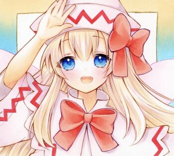 1girl arm_up blonde_hair blue_eyes blush bow bowtie capelet commentary_request dress fairy fairy_wings hat lily_white long_hair looking_at_viewer orange_bow orange_bowtie smile solo straight_hair touhou upper_body very_long_hair white_capelet white_dress white_hat wings yuuki_hana_(jtnp5334)