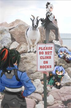 4girls absurdres black_hair blue_hair blurry blurry_foreground cape chibi climbing commentary crossover detached_sleeves dress english_commentary english_text ganyu_(genshin_impact) genshin_impact gloves goat grey_hair hair_between_eyes hands_on_own_hips highres hood hood_down hooded_cape horns jacket jacket_on_shoulders lennykaise long_hair lucia_elowen multicolored_hair multiple_crossover multiple_girls necktie open_mouth pants photo_background red_eyes red_hair red_necktie shirt sign standing trait_connection two-tone_hair yellow_eyes zani_(wuthering_waves) zenless_zone_zero zhu_yuan