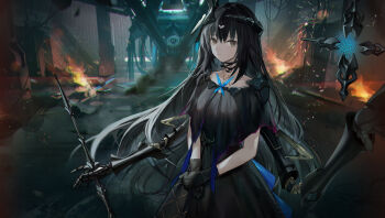 1girl absurdres bad_link bare_shoulders black_dress black_gloves black_hair blue_butterfly bug butterfly character_request dress fire girls&#039;_frontline gloves hair_ornament highres holding holding_weapon insect long_hair multiple_girls official_art solo standing tattoo weapon yellow_eyes