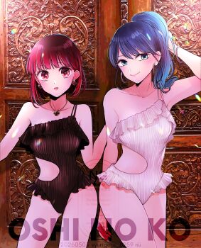 2girls absurdres arima_kana arm_at_side arm_behind_back arm_up bare_arms bare_legs bare_shoulders black_one-piece_swimsuit blue_hair blunt_bangs breasts clothing_cutout collarbone commentary_request earrings english_text frilled_one-piece_swimsuit frills green_eyes hand_on_another's_back hand_on_own_head highres hoop_earrings jewelry kurokawa_akane looking_at_viewer medium_breasts multiple_girls one-piece_swimsuit oshi_no_ko pendant red_eyes red_hair short_hair swimsuit twitter_username white_one-piece_swimsuit wood_carving yurigera_8959