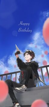 1boy arm_up black_gloves black_hair black_jacket black_pants blue_sky cloud fingerless_gloves from_below gloves grin happy_birthday highres holding holding_paper_airplane hood hooded_jacket jacket long_sleeves looking_up male_focus nijisanji outdoors pants paper_airplane railing ryaa_ko saegusa_akina saegusa_akina_(4th_costume) short_hair sitting sky smile solo virtual_youtuber
