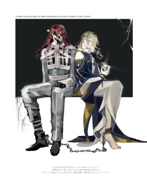 Rule 34 | 2boys, 6 (reverse:1999), aleph (reverse:1999), ancient greek clothes, ankle cuffs, barefoot, binary, black background, black gloves, black mask, black shoes, blonde hair, blue eyes, chain, circlet, covered face, english text, facing viewer, from side, full body, gloves, greco-roman clothes, highres, himation, holding, klepon, long hair, looking at viewer, male focus, multiple boys, pants, profile, red hair, reverse:1999, shirt, shoes, sitting, white background, white pants, white shirt