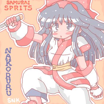 Rule 34 | 1girl, ainu clothes, black hair, breasts, character name, clenched hand, copyright name, english text, grey eyes, highres, long hair, medium breasts, nakoruru, oekaki, outstretched arm, puckered lips, samurai spirits, snk, solo, the king of fighters, weapon