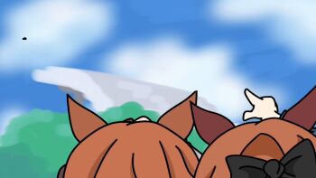 3girls :d animal_ears animated animated_gif blue_sky bow brown_hair chibi closed_eyes cloud day flying full_body gameplay_mechanics gym_uniform hair_bow high_ponytail horse_ears horse_girl horse_tail jacket long_hair maruzensky_(umamusume) multiple_girls open_mouth outdoors pants pink_bow ponytail red_jacket red_pants s0m30ne sky smile spinning symboli_rudolf_(umamusume) tail tokai_teio_(umamusume) tracen_training_uniform umamusume very_long_hair