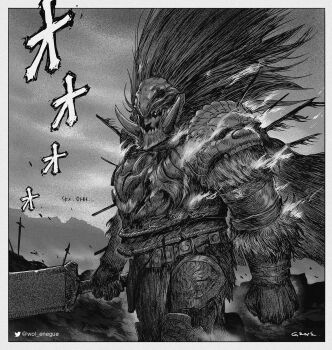 1boy armor border cape clenched_hands cowboy_shot elden_ring fake_horns full_armor gene_(wol_enegue) greyscale helmet highres holding holding_sword holding_weapon horned_helmet horns looking_at_viewer male_focus miura_kentarou_(style) monochrome pauldrons shoulder_armor signature solo starscourge_radahn sword weapon white_border