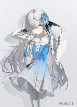 1girl absurdres arm_behind_head blue_dress blue_flower closed_mouth dress expressionless flower grey_eyes grey_hair hair_flower hair_ornament hair_over_one_eye highres hxbdzj isekaijoucho kamitsubaki_studio long_hair looking_at_viewer pantyhose shrug_(clothing) solo virtual_youtuber white_pantyhose white_shrug