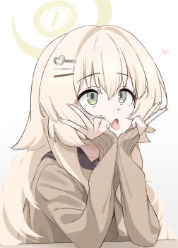 1girl ahegao blonde_hair blue_archive elbows_on_table green_eyes hair_ornament hairclip highres loli long_hair makura_u9b open_mouth professor_niyaniya_(blue_archive) sleeves_past_wrists solo tongue tongue_out v white_background