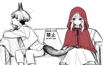 1boy 1girl alternate_costume alternate_species animal_ears arm_rest big_bad_wolf big_bad_wolf_(cosplay) blunt_ends bow cloak closed_mouth collared_shirt cosplay couch dated dress eyelashes genshin_impact greyscale halloween_costume hand_on_own_face highres hoht_yeah holding_another&#039;s_tail hood hooded_cloak little_red_riding_hood_(fairy_tale) little_red_riding_hood_(fairy_tale_character) little_red_riding_hood_(fairy_tale_character)_(cosplay) long_sleeves looking_at_another lumine_(genshin_impact) monochrome on_couch pants red_bow red_cloak scaramouche_(genshin_impact) shirt short_hair short_hair_with_long_locks sidelocks sideways_glance sitting smile spot_color tail vest watermark wolf_boy wolf_ears wolf_tail