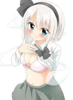 1girl black_bow black_bowtie blush bow bowtie bra breasts cleavage closed_mouth clothes_lift collared_shirt commentary_request cowboy_shot green_eyes grey_hair highres hitodama konpaku_youmu konpaku_youmu_(ghost) lifting_own_clothes long_sleeves looking_at_viewer midriff navel partially_unbuttoned pink_bra pleated_skirt shirt shirt_lift shishiky skirt smile solo sweatdrop touhou underwear white_shirt