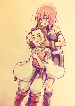 00s 1boy 1girl blush bob_cut book brown_hair chiren glasses gloves height_difference kinon_bachika poncho rossiu_adai smile tengen_toppa_gurren_lagann aged_down