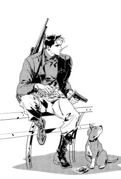 1boy amputee animal_ears batman_(series) black_hair blue_eyes bodysuit brown_jacket dc_comics dog dog_ears dog_tail gun highres holding holding_gun holding_weapon jacket jason_todd male_focus multicolored_hair muscular muscular_male open_clothes pants sampopcorm short_hair streaked_hair tail taut_bodysuit weapon