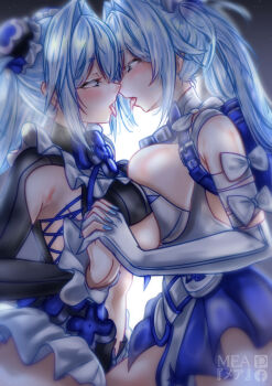 2girls absurdres after_kiss armpit_cutout asymmetrical_docking blue_eyes blue_hair blush breast_press breasts cleavage clothing_cutout elbow_gloves eye_contact face-to-face flower-shaped_hair folded_hair gloves goddess_of_victory:_nikke gretel_(nikke) hair_intakes hansel_(nikke) highres holding_hands incest interlocked_fingers kiss large_breasts long_hair looking_at_another mea_(manami030) multiple_girls open_mouth ribbed_shrug saliva saliva_trail shrug_(clothing) siblings sisters skirt symmetrical_docking tongue tongue_out twincest twins twintails underboob very_long_hair yuri