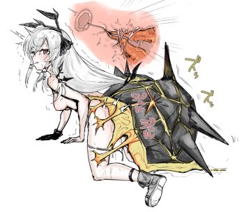 1girl all_fours arknights bestiality black_gloves blush breasts cum ejaculation gloves grey_hair internal_cumshot long_hair medium_breasts nipples originium_slug_(arknights) penis red_eyes sex showjou simple_background single_glove uterus vaginal weedy_(arknights) white_background x-ray