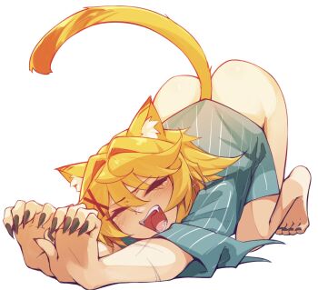 Rule 34 | 1girl, animal ear fluff, animal ears, ass, barefoot, black nails, blue shirt, cat ears, cat girl, cat stretch, cat tail, closed mouth, dokibird, hair ornament, highres, indie virtual youtuber, nail polish, no pants, open mouth, ricegnat, shirt, short hair, solo, stretching, tail, toenail polish, toenails, virtual youtuber, white background, x hair ornament
