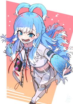 1girl absurdres blue_eyes blue_hair character_name commentary_request crop_top cropped_jacket feet_out_of_frame gradient_background hair_over_shoulder hanten_(hantennano) highres hololive hololive_indonesia jacket kobo_kanaeru kobo_kanaeru_(1st_costume) long_hair long_sleeves looking_at_viewer midriff multicolored_hair open_mouth outstretched_arms pink-tinted_eyewear signature simple_background smile solo spread_arms sunglasses tinted_eyewear two-tone_hair virtual_youtuber walking white_hair white_jacket