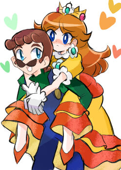 1boy 1girl absurdres blue_eyes blue_overalls brown_hair carrying crown dress earrings facial_hair flower_earrings gloves green_shirt heart highres jewelry long_hair luigi mario_(series) mustache nintendo open_mouth orange_dress orange_shoes overalls piggyback princess_daisy rakugaki_shitagari-ya shirt shoes simple_background smile white_background white_gloves