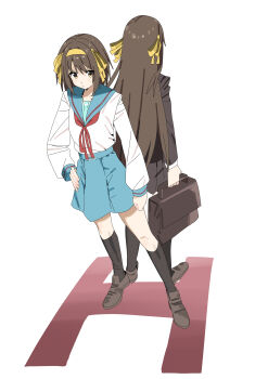 2girls absurdres alternate_hair_length_(longer) back-to-back black_shirt black_skirt black_socks blazer blue_sailor_collar blue_skirt briefcase brown_eyes brown_hair brown_shoes dual_persona full_body h_(letter) hair_ribbon hairband hand_on_own_hip highres holding holding_briefcase jacket kita_high_school_uniform kneehighs kouyouen_academy_school_uniform loafers long_hair long_sleeves mangpum_(taro109210) medium_hair multiple_girls official_alternate_hairstyle red_ribbon ribbon sailor_collar school_briefcase school_uniform serafuku shirt shoes skirt socks standing suzumiya_haruhi suzumiya_haruhi_no_shoushitsu suzumiya_haruhi_no_yuuutsu very_long_hair winter_uniform yellow_hairband yellow_ribbon