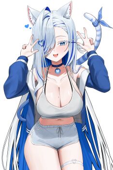1girl absurdres animal_ears bare_shoulders black_choker blue_eyes blue_hair blue_jacket bra_strap breasts camisole cat_ears cat_girl cat_tail choker cleavage collarbone colored_eyelashes commentary_request cowboy_shot crop_top dolphin_shorts double_w drawstring ging_nari hair_over_one_eye hands_up heart heart_o-ring highres indie_virtual_youtuber jacket korean_commentary large_breasts long_hair long_sleeves looking_at_viewer midriff mole mole_on_breast mole_under_eye multicolored_hair navel o-ring off_shoulder open_clothes open_jacket open_mouth poppo_myupunk98 shirt short_shorts shorts simple_background sleeveless sleeveless_shirt smile solo streaked_hair tail thigh_strap thighs two-tone_hair very_long_hair virtual_youtuber w white_background white_eyelashes white_hair white_shirt white_shorts