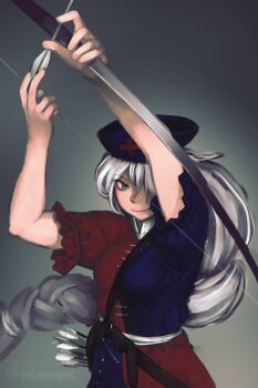 1girl archery arms_up arrow_(projectile) blue_dress blue_hat blush bow_(weapon) braid cross cross_print dress envenomist_(gengoroumaru) frilled_sleeves frills grey_eyes grey_hair hat long_hair multicolored_dress one-hour_drawing_challenge quiver red_cross red_dress short_sleeves single_braid smile solo touhou two-tone_dress very_long_hair weapon yagokoro_eirin
