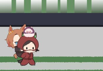 3girls :3 animal_ears bandaid bandaid_on_cheek bandaid_on_face biwa_hayahide_(umamusume) black_hair black_kimono blue_eyes blush bnw_(umamusume) brown_hair carrying carrying_person chibi chibi_only closed_mouth commentary_request gomashio_(goma_feet) hood hood_up horse_ears horse_girl horse_tail japanese_clothes jitome kimono long_sleeves multiple_girls narita_taishin_(umamusume) red_kimono short_hair socks tabi tail umamusume white_socks winning_ticket_(umamusume) |_|