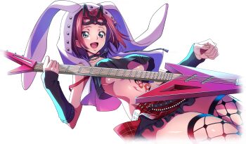 1girl animal_ears animal_hood arm_warmers artist_request backlighting black_choker black_shirt black_thighhighs blue_eyes breasts choker code_geass code_geass:_lost_stories collarbone cowboy_shot crop_top cropped_legs dutch_angle electric_guitar fake_animal_ears female_focus fishnet_thighhighs fishnets frilled_skirt frills game_cg guitar hand_up happy heart heart-shaped_lock heart_necklace highres holding holding_guitar holding_instrument holding_plectrum hood hood_up hooded_vest hoodie instrument jewelry kouzuki_kallen large_breasts layered_skirt looking_at_viewer mask mask_on_head masquerade_mask miniskirt music navel necklace non-web_source official_art open_clothes open_mouth open_vest plaid_clothes plaid_skirt playing_instrument plectrum rabbit_ears rabbit_hood red_hair red_skirt shiny_skin shirt short_hair sidelocks simple_background skirt sleeveless sleeveless_shirt smile solo standing stomach stomach_tattoo tattoo thighhighs thighs transparent_background underboob vest white_vest zipper zipper_pull_tab