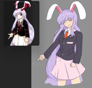 1girl animal_ears blazer closed_eyes closed_mouth commentary crescent crescent_pin english_commentary grey_background highres imperishable_night jacket long_hair long_sleeves necktie pink_skirt purple_hair rabbit_ears rabbit_girl red_eyes red_necktie reference_inset reisen_udongein_inaba simple_background skirt solo touhou w_idiotic zun_(artist)