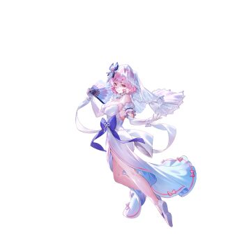 1girl alternate_costume bow breasts cleavage dress dress_bow elbow_gloves folding_fan full_body game_cg gloves hand_fan highres holding holding_fan large_breasts looking_at_viewer non-web_source official_art pink_bow pink_eyes pink_hair purple_bow saigyouji_yuyuko second-party_source shoes smile solo strapless strapless_dress touhou touhou_gensou_eclipse transparent_background u_u_zan veil white_dress white_gloves white_shoes white_veil