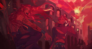 2boys absurdres aranloce clothing_cutout colosseum commentary dated diavolo english_commentary floating_hair highres jojo_no_kimyou_na_bouken long_hair multiple_boys phone polka_dot polka_dot_hair signature vento_aureo vinegar_doppio