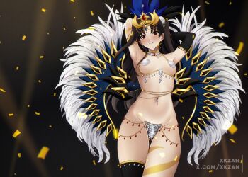 1girl armpits arms_up artist_name bare_shoulders belly belly_chain black_hair blush bodypaint brazil breasts brown_hair carnival chain choker confetti crown dancing diamond_(shape) earrings fate/grand_order fate_(series) feather_hair_ornament feathered_wings feathers flower gem glitter gloves gluteal_fold gold gradient_background grin groin hair_flower hair_ornament highres ishtar_(fate) jewelry long_hair looking_at_viewer makeup medium_breasts midriff navel navel_piercing paid_reward_available parted_bangs parted_lips pasties piercing red_eyes samba sidelocks simple_background smile smirk socks solo stage_lights standing thighhighs thighs twintails twitter_username two_side_up wings xkzan