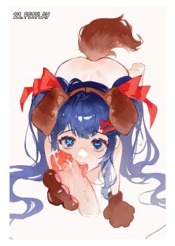 1girl absurdres anal_beads anal_tail animal_ears ass blue_eyes blue_hair butt_plug cum dog_ears dog_girl dog_tail fake_animal_ears fake_tail fellatio highres licking licking_penis nude oral original penis pet_play solo tail twintails yeougui