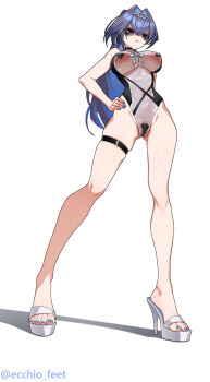 Rule 34 | 1girl, absurdres, artist name, black one-piece swimsuit, blue hair, blue nails, blush, breasts, colored inner hair, covered navel, crossed bangs, ecchi-o, eyelashes, feet, full body, gluteal fold, grey eyes, hand on own hip, high heel sandals, high heels, highleg, highleg one-piece swimsuit, highres, hololive, hololive english, impossible clothes, impossible swimsuit, large areolae, large breasts, legs, long hair, long legs, looking at viewer, multicolored hair, nail polish, one-piece swimsuit, ouro kronii, purple hair, revealing clothes, sandals, see-through clothes, see-through one-piece swimsuit, shadow, simple background, skindentation, solo, stiletto heels, swimsuit, thigh strap, toenail polish, toenails, toes, twitter username, v-shaped eyebrows, very long hair, virtual youtuber, white background, white sandals