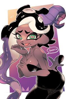 1girl bare_back black_hair breasts chichi_band cleavage dark-skinned_female dark_skin dress green_eyes large_breasts looking_at_viewer marina_(splatoon) nintendo octoling purple_hair splatoon_(series) tentacle_hair