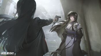 Rule 34 | 2girls, aiming, arms behind back, black coat, black gloves, black hair, black jacket, blunt bangs, blunt ends, blurry, blurry background, breasts, character request, closed mouth, coat, copyright name, desert eagle, facing away, fingerless gloves, floating hair, flower, from behind, gloves, gun, hair flower, hair ornament, handgun, highres, hime cut, holding, holding gun, holding weapon, jacket, japanese clothes, kimono, long hair, looking at another, multiple girls, obi, obijime, official art, outstretched arm, punishing: gray raven, purple eyes, sash, second-party source, upper body, weapon, white kimono, xtears kitsune