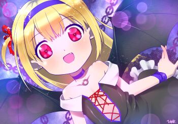 1girl :d bare_shoulders bat_wings black_dress black_wings blonde_hair blue_hairband chain choker collarbone cross-laced_clothes cross-laced_dress double-parted_bangs dress earclip fang flat_chest hair_ribbon hairband highres himehachi_(hime8manga) jewelry long_hair looking_at_viewer necklace one_side_up open_mouth original purple_choker red_eyes red_ribbon ribbon sleeveless sleeveless_dress smile solo spread_wings wings