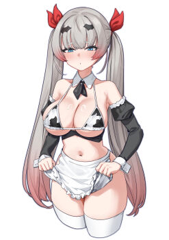 1girl animal_print aningay apron apron_hold astolfo_(fate) astolfo_(fate)_(cosplay) astolfo_(memories_at_trifas)_(fate) astolfo_(saber)_(fate) astolfo_(saber)_(first_ascension)_(fate) astolfo_(saber)_(third_ascension)_(fate) astolfo_(sailor_paladin)_(fate) astolfo_(third_ascension)_(fate) bikini blue_eyes blush breasts cleavage collarbone commentary cow_print cow_print_bikini cropped_legs detached_collar detached_sleeves english_commentary frilled_bikini frills gradient_hair grey_hair hair_ribbon highres large_breasts long_hair long_sleeves looking_at_viewer micro_bikini mole mole_on_breast multicolored_hair navel original parted_lips print_bikini red_hair red_ribbon ribbon simple_background solo swimsuit thick_eyebrows thighhighs twintails very_long_hair waist_apron white_apron white_background white_thighhighs