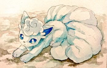 alolan_form alolan_vulpix animal_focus blue_eyes bright_pupils closed_mouth commentary_request full_body gen_7_pokemon grey_background highres looking_at_viewer mint_nappa nintendo no_humans painting_(medium) pokemon pokemon_(creature) solo traditional_media watercolor_(medium) white_pupils
